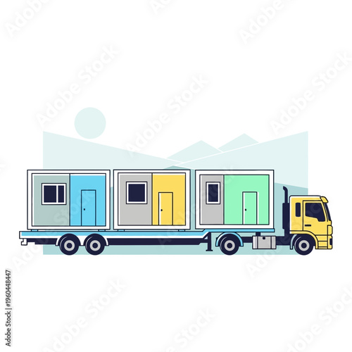 Modular Housing Units Being Transported on a Flatbed Truck Illustration
