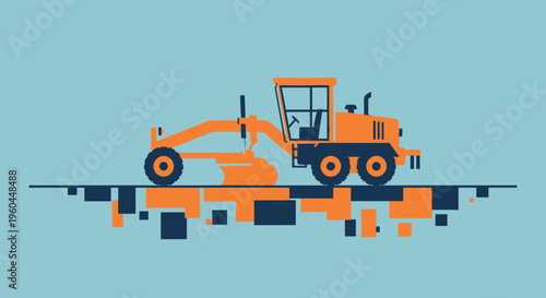 Orange Grader Machine On Abstract Construction Site Minimalist Design