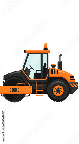 Orange And Black Steamroller Working On Construction Site