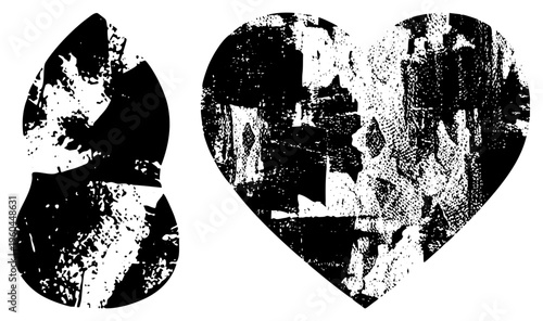 Grunge style halftone vector shapes, distressed heart and gourd forms, graphic design, artistic texture, stylized symbolic elements.