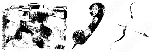 Retro rotary telephone handset with coiled cord, classic travel suitcase, stylized halftone design, isolated vector graphic, communication, luggage symbol.