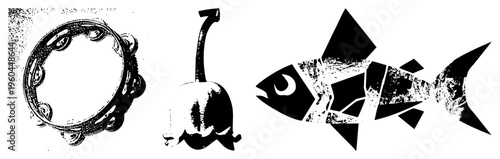Stylized tambourine with jingles, bellflower with stem, geometric fish cutout all in high contrast vector art with halftone texture.