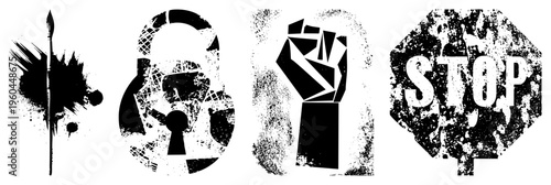 Paintbrush, padlock, raised fist, stop sign gritty graphic, stencil art, protest symbols, urban street design, vector motifs.