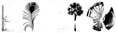 Black and white vector art featuring tropical motifs feather, palm tree, folding fan, and leaf stylized with clean and minimal shading, ideal for graphic design or print.