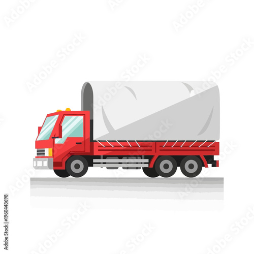 Red Flatbed Truck Covered With White Tarp Transportation Vehicle Side View