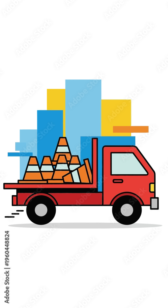 Naklejka premium Red Flatbed Truck Delivering Orange Traffic Cones In Front Of Abstract Cityscape