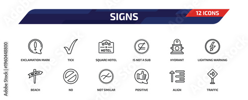 signs outline icon set. 12 linear vector for ui, web and mobile. thin line exclamation mark, tick, square hotel and more icons.