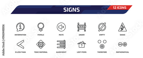 signs outline icon set. 12 linear vector for ui, web and mobile. thin line information, female, mute and more icons.
