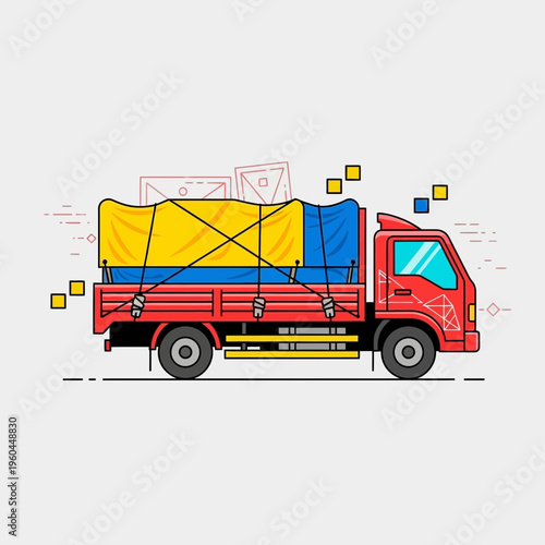 Red Flatbed Truck Delivering Goods Safely Secured With Yellow Blue Tarp