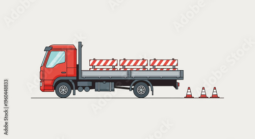 Red Flatbed Truck Delivering Construction Barriers And Traffic Cones