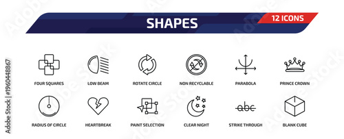 shapes outline icon set. 12 linear vector for ui, web and mobile. thin line four squares, low beam, rotate circle and more icons.