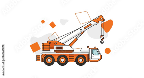 Orange Mobile Construction Crane With Abstract Shapes On White Background