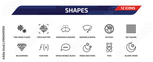 shapes outline icon set. 12 linear vector for ui, web and mobile. thin line two snow flakes, focus button, windshield washer and more icons.