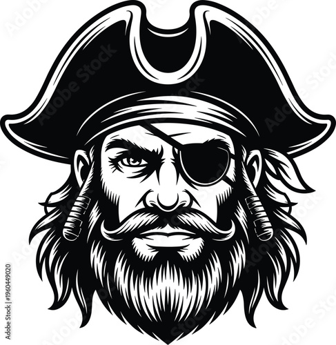 pirate, captain, eyepatch, beard, buccaneer, sailor, mascot, corsair, vintage, nautical, vector, illustration, marine, hat, warrior
