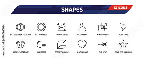shapes outline icon set. 12 linear vector for ui, web and mobile. thin line brake system warning, blank circle, multiple line and more icons.