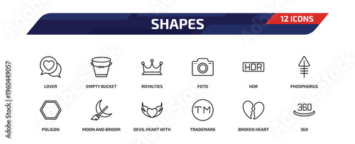 shapes outline icon set. 12 linear vector for ui, web and mobile. thin line lover, empty bucket, royalties and more icons.