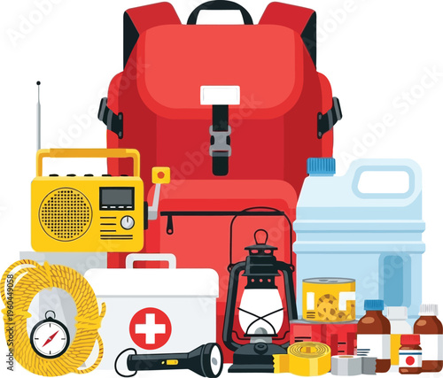 Obraz na plátně Emergency Survival Kit with Backpack First Aid Supplies Water and Tools for Disa