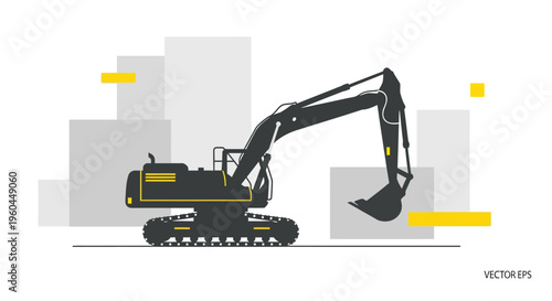 Powerful Excavator Machine Silhouette With Yellow Accents On Construction Site