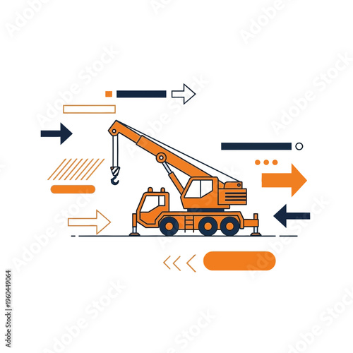 Orange Mobile Crane With Arrows Showing Forward Motion And Industrial Movement