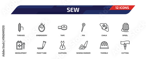 sew outline icon set. 12 linear vector for ui, web and mobile. thin line threads, embroidery, tape and more icons.