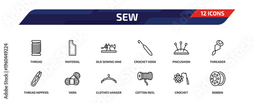 sew outline icon set. 12 linear vector for ui, web and mobile. thin line thread, material, old sewing hine and more icons.