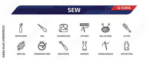 sew outline icon set. 12 linear vector for ui, web and mobile. thin line water spray, awl, tailoring hine and more icons.