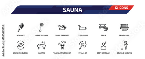 sauna outline icon set. 12 linear vector for ui, web and mobile. thin line hemlock, hyperthermia, snow paradise and more icons.