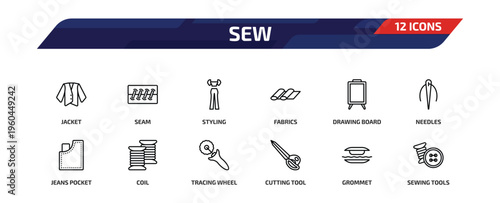 sew outline icon set. 12 linear vector for ui, web and mobile. thin line jacket, seam, styling and more icons.