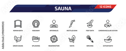 sauna outline icon set. 12 linear vector for ui, web and mobile. thin line roman bath, hideaway, arterioles and more icons.