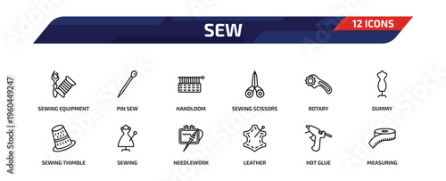 sew outline icon set. 12 linear vector for ui, web and mobile. thin line sewing equipment, pin sew, handloom and more icons.