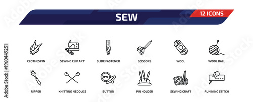 sew outline icon set. 12 linear vector for ui, web and mobile. thin line clothespin, sewing clip art, slide fastener and more icons.