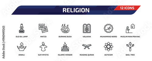 religion outline icon set. 12 linear vector for ui, web and mobile. thin line old oil lamp, matzo, burning bush and more icons.
