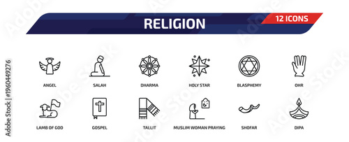 religion outline icon set. 12 linear vector for ui, web and mobile. thin line angel, salah, dharma and more icons.