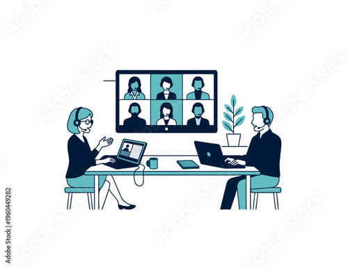 Flat Business Illustration of Remote Team Video Conference Call on Large Screen