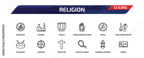 religion outline icon set. 12 linear vector for ui, web and mobile. thin line hinduism, medina, tablas and more icons.