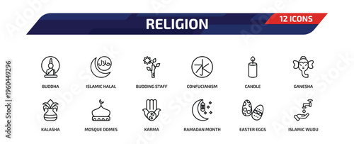 religion outline icon set. 12 linear vector for ui, web and mobile. thin line buddha, islamic halal, budding staff and more icons.
