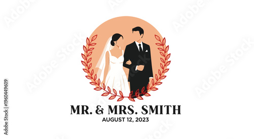 Elegant Wedding Couple Portrait with Floral Wreath and Custom Text.