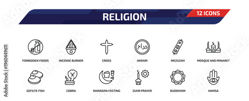 religion outline icon set. 12 linear vector for ui, web and mobile. thin line forbidden foods, incense burner, cross and more icons.