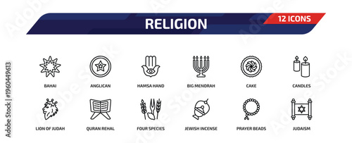 religion outline icon set. 12 linear vector for ui, web and mobile. thin line bahai, anglican, hamsa hand and more icons.