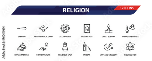 religion outline icon set. 12 linear vector for ui, web and mobile. thin line shehnai, arabian magic lamp, allah word and more icons.