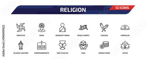 religion outline icon set. 12 linear vector for ui, web and mobile. thin line swastica, india, buddhist monk and more icons.