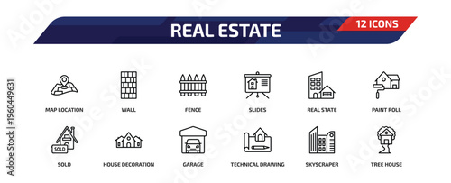 real estate outline icon set. 12 linear vector for ui, web and mobile. thin line map location, wall, fence and more icons.