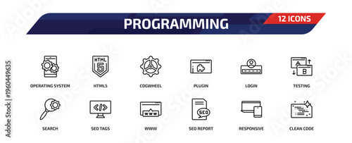 programming outline icon set. 12 linear vector for ui, web and mobile. thin line operating system, html5, cogwheel and more icons.