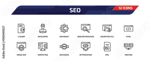 seo outline icon set. 12 linear vector for ui, web and mobile. thin line c sharp, developer, copyright and more icons.
