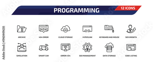 programming outline icon set. 12 linear vector for ui, web and mobile. thin line archive, 404 error, cloud storage and more icons.