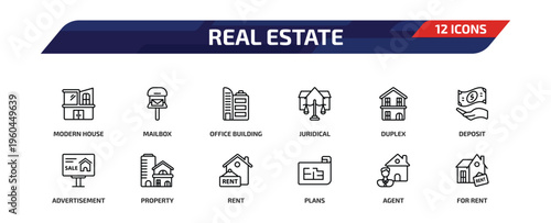 real estate outline icon set. 12 linear vector for ui, web and mobile. thin line modern house, mailbox, office building and more icons.