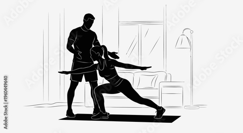 Fitness instructor guiding woman in yoga pose with resistance band indoors