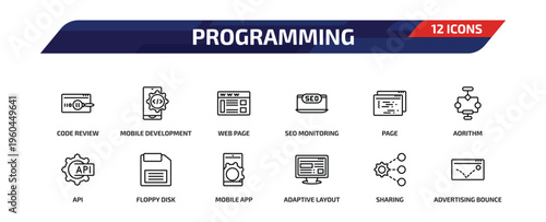 programming outline icon set. 12 linear vector for ui, web and mobile. thin line code review, mobile development, web page and more icons.