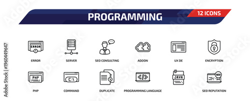 programming outline icon set. 12 linear vector for ui, web and mobile. thin line error, server, seo consulting and more icons.