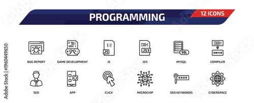 programming outline icon set. 12 linear vector for ui, web and mobile. thin line bug report, game development, js and more icons.